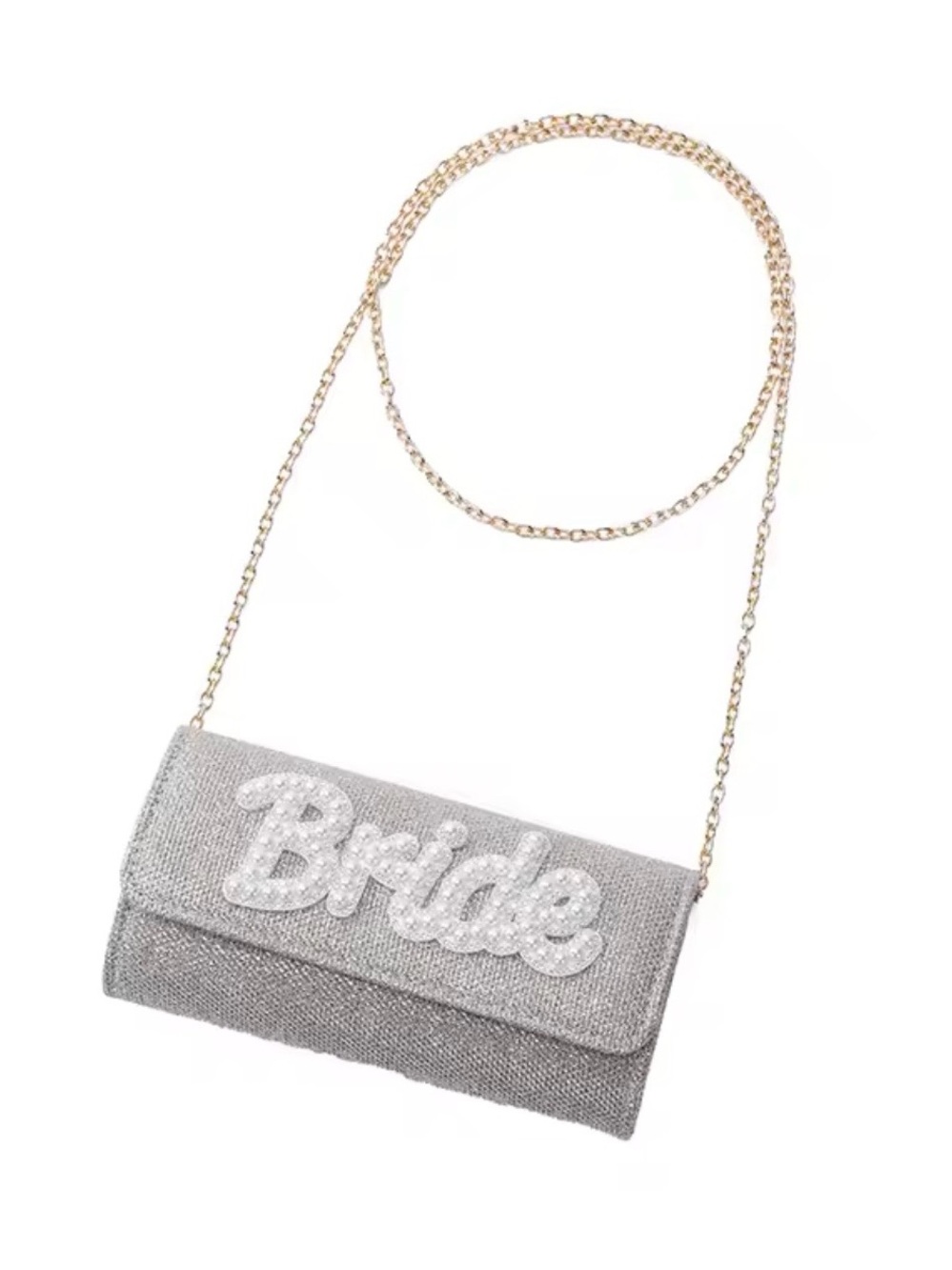 Macy's Silver Beaded 'Bride' Crossbody Clutch with Gold Chain
